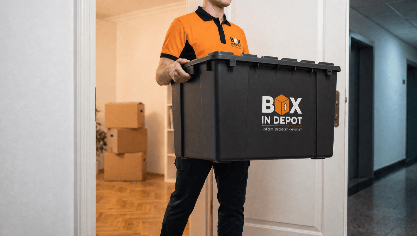 Angajat BOX IN DEPOT cărând o cutie mare sigilată prin ușa clientului